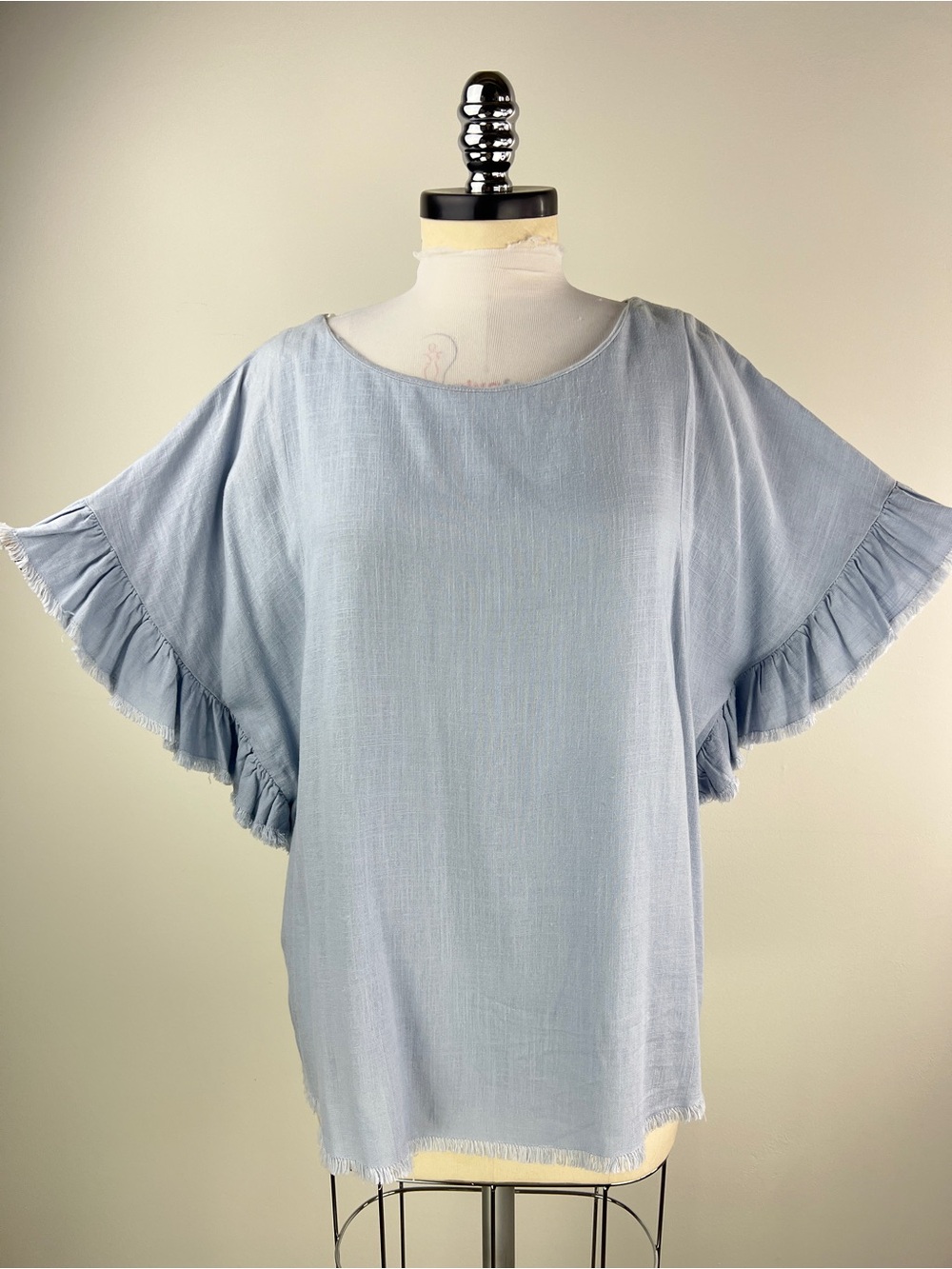 💚 3868. Light Blue Ruffle Sleeve Women's Blouse